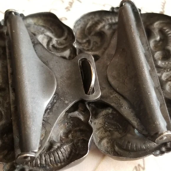 Relisted -Antique Victorian sash belt buckle purple glass cabochons black metal - Picture 6 of 13